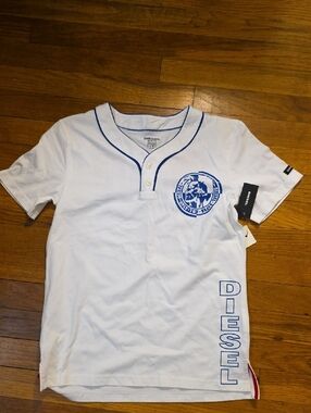 Diesel White Short Sleeve Henley Tee with Blue Trim and Logo